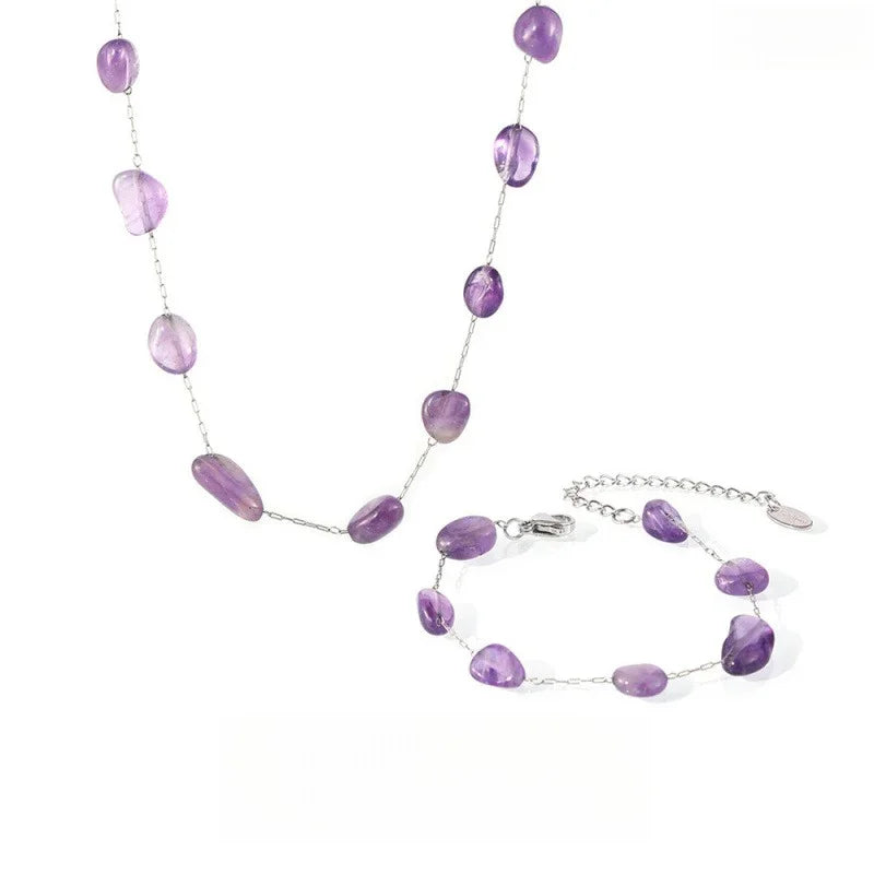 Bohemian Style Irregular Purple Natural Stone Bracelet And Collarbone Necklace Set