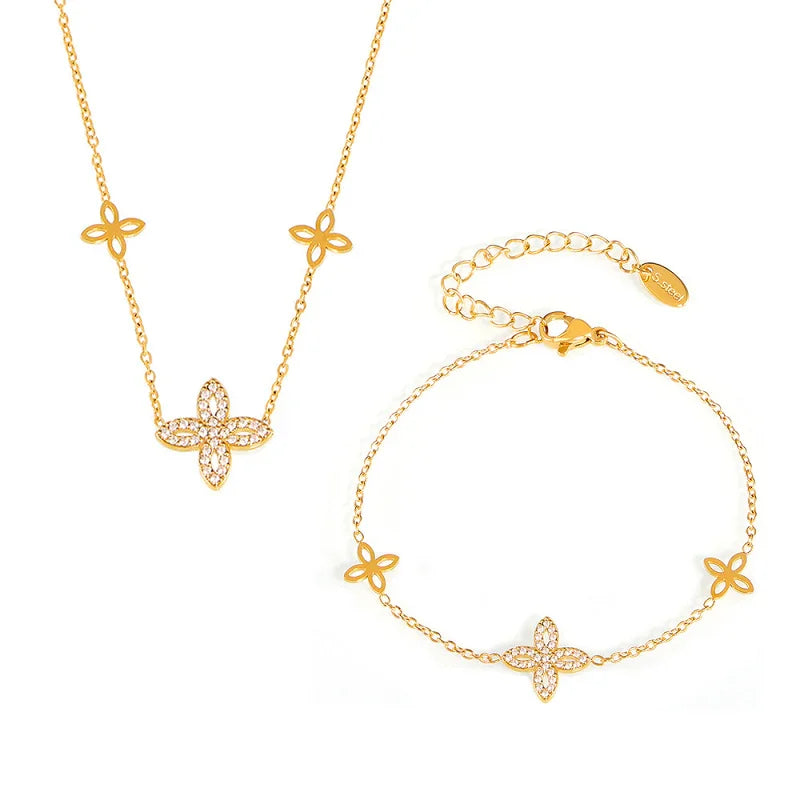 Four-Leaf Clover Zircon Super Sparkly Stainless Steel Necklace And Bracelet Set