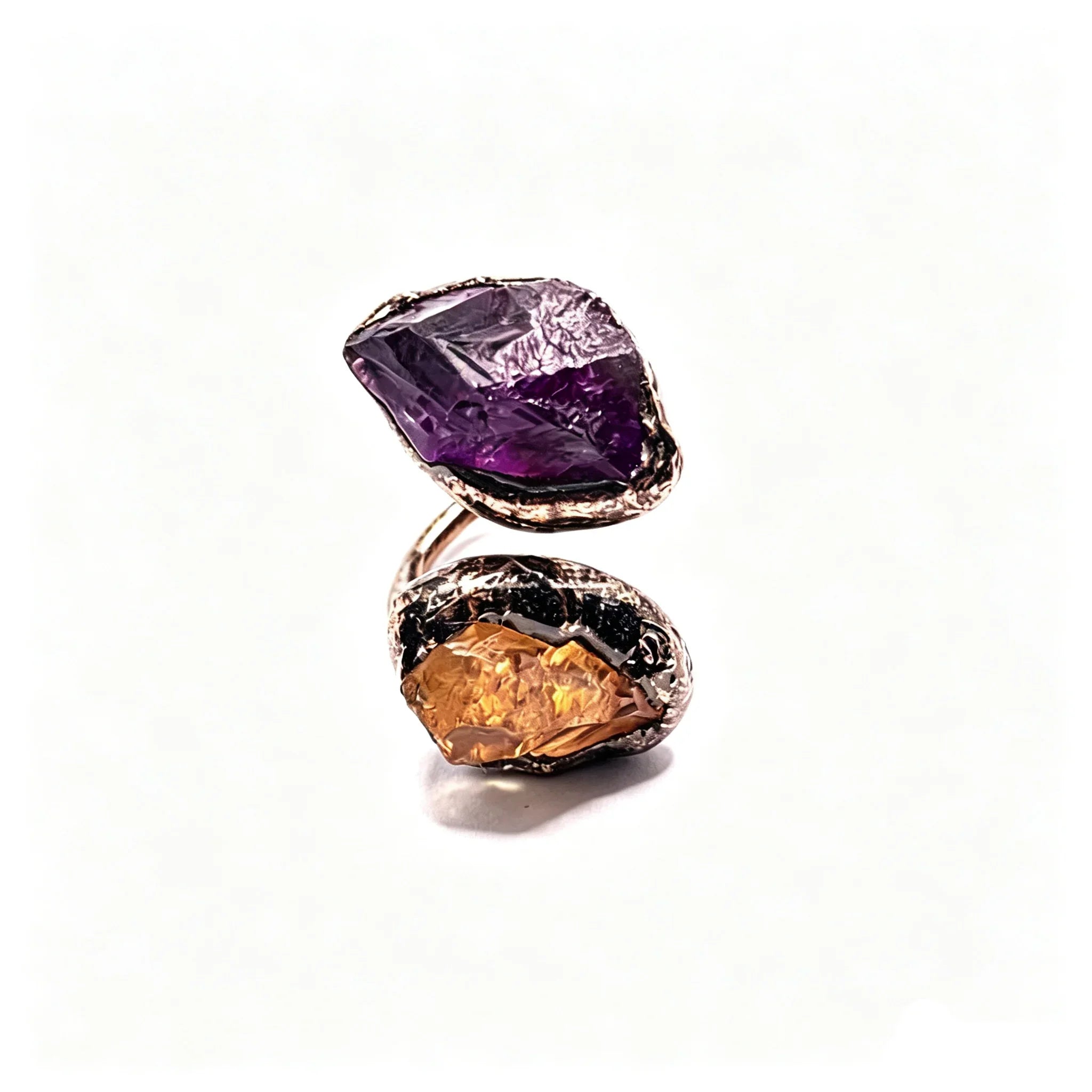 Natural Amethyst, Citrine, and Green Fluorite Open Double-Ended Ring