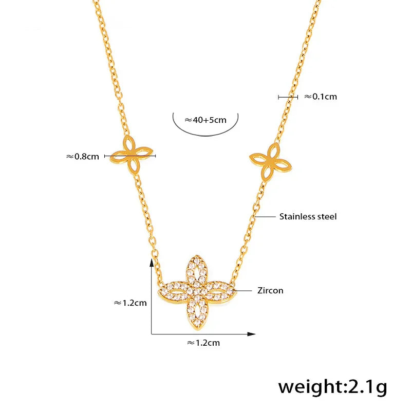 Four-Leaf Clover Zircon Super Sparkly Stainless Steel Necklace And Bracelet Set