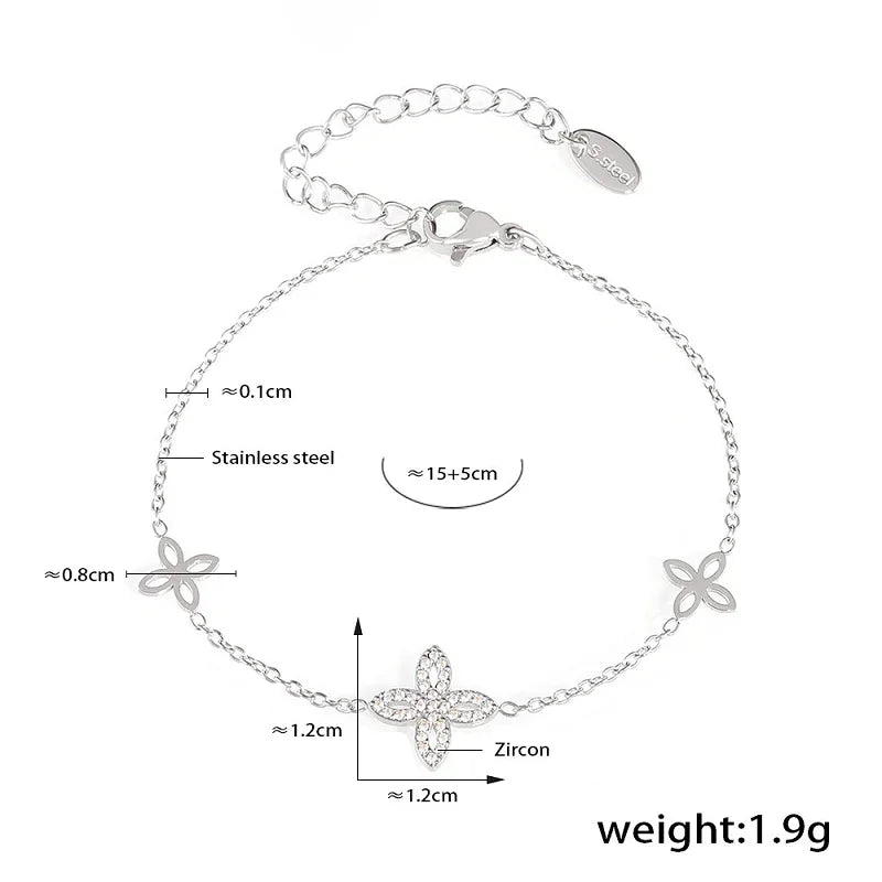 Four-Leaf Clover Zircon Super Sparkly Stainless Steel Necklace And Bracelet Set