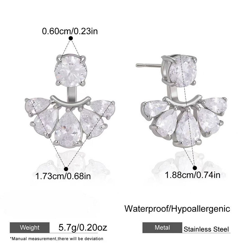 Zircon Fan-Shaped Front And Back Earrings, Stainless Steel Studs
