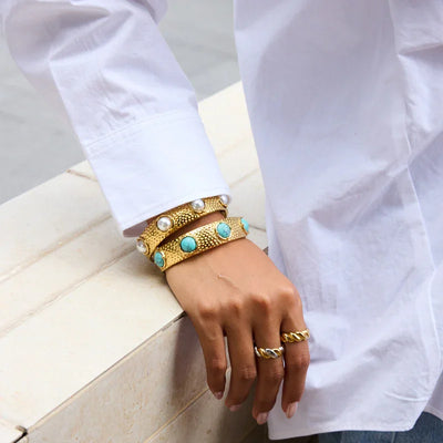 Stainless Steel Blue Turquoise Resin Pearl Bracelet for Women